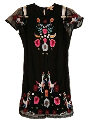 Black Embroidered Mini Dress with Floral Detail
